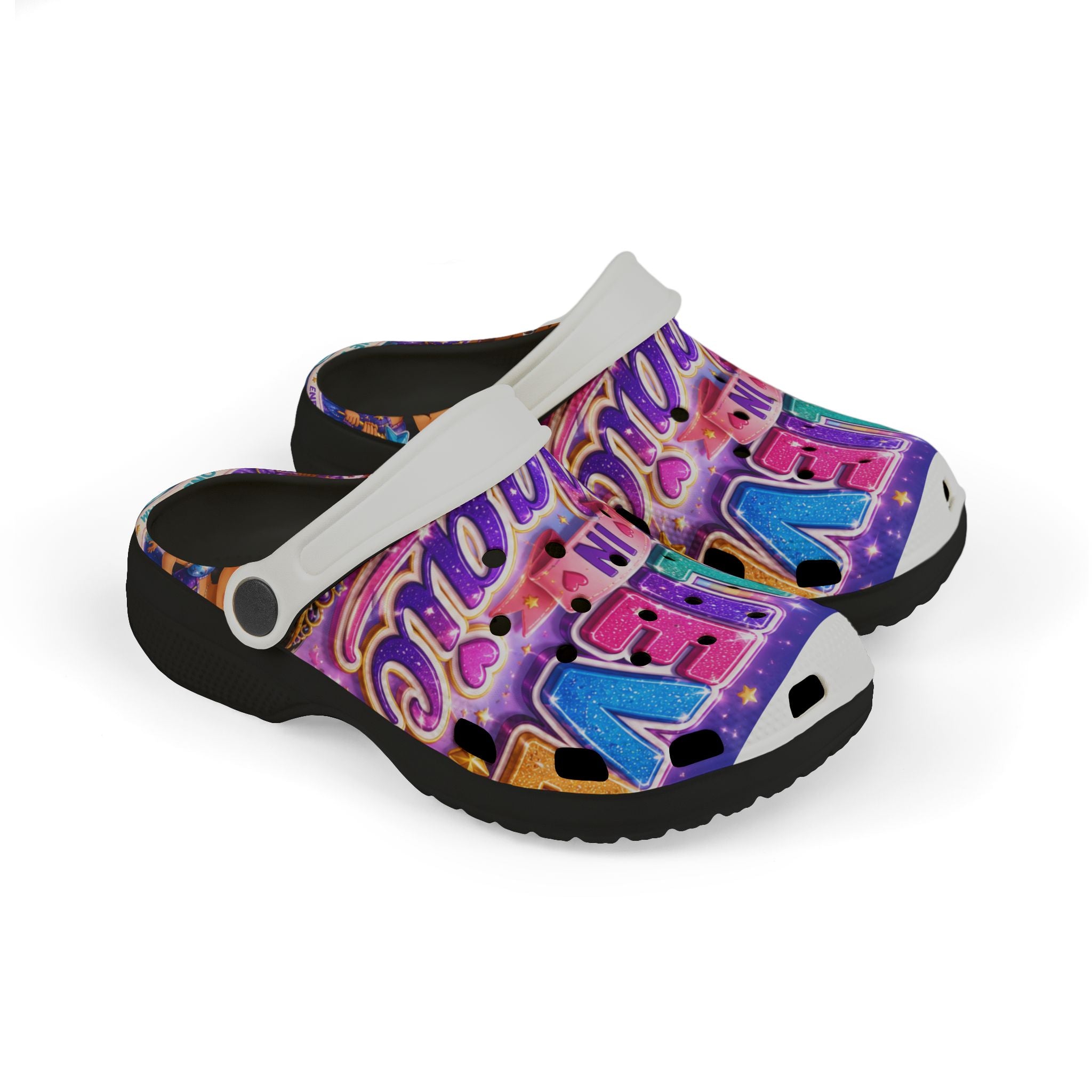 Kids Foam Clogs — "Believe in Magic" Colorful Glittery Cartoon Design