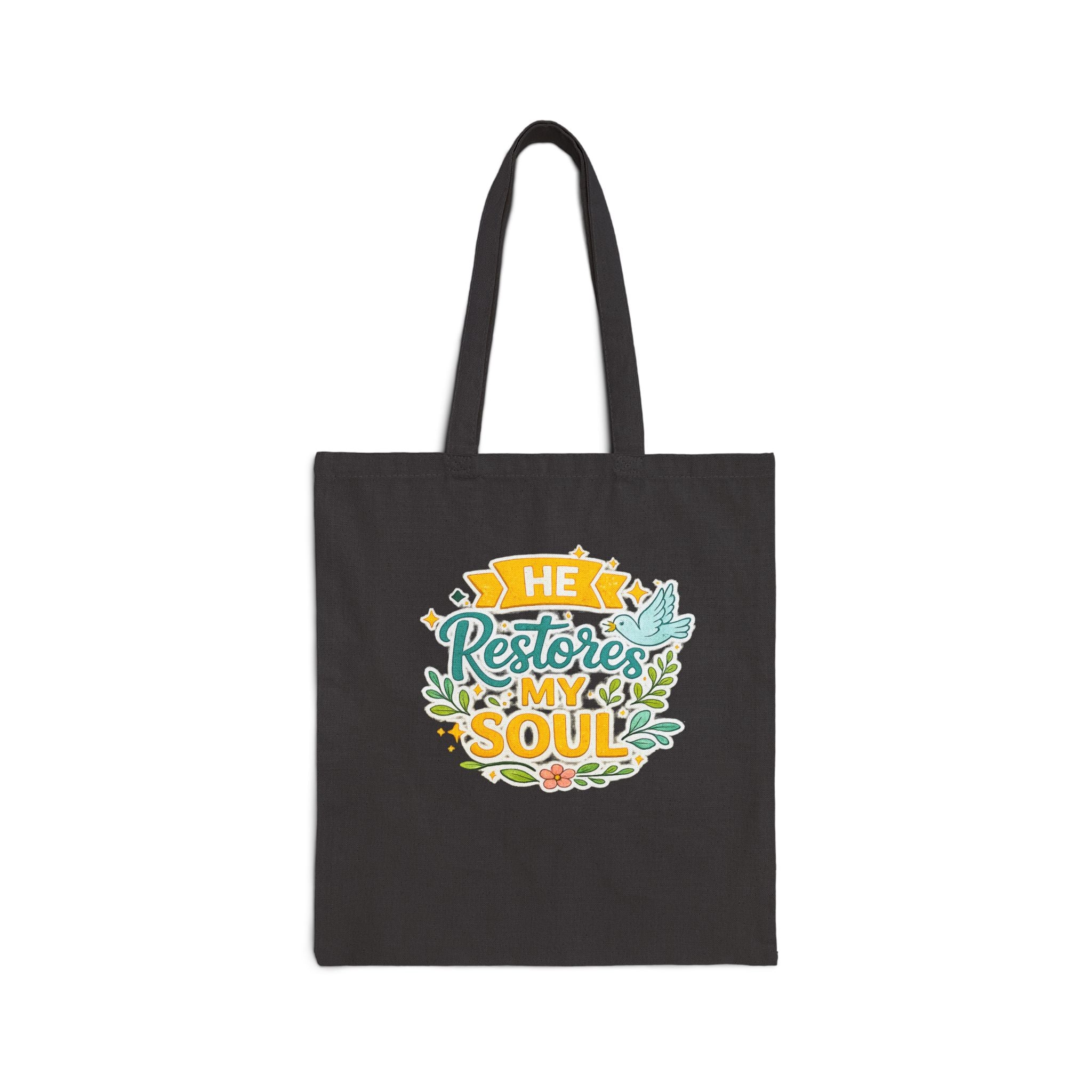 He Restores My Soul Canvas Tote Bag — Faith-Based Inspirational Grocery & Church Tote