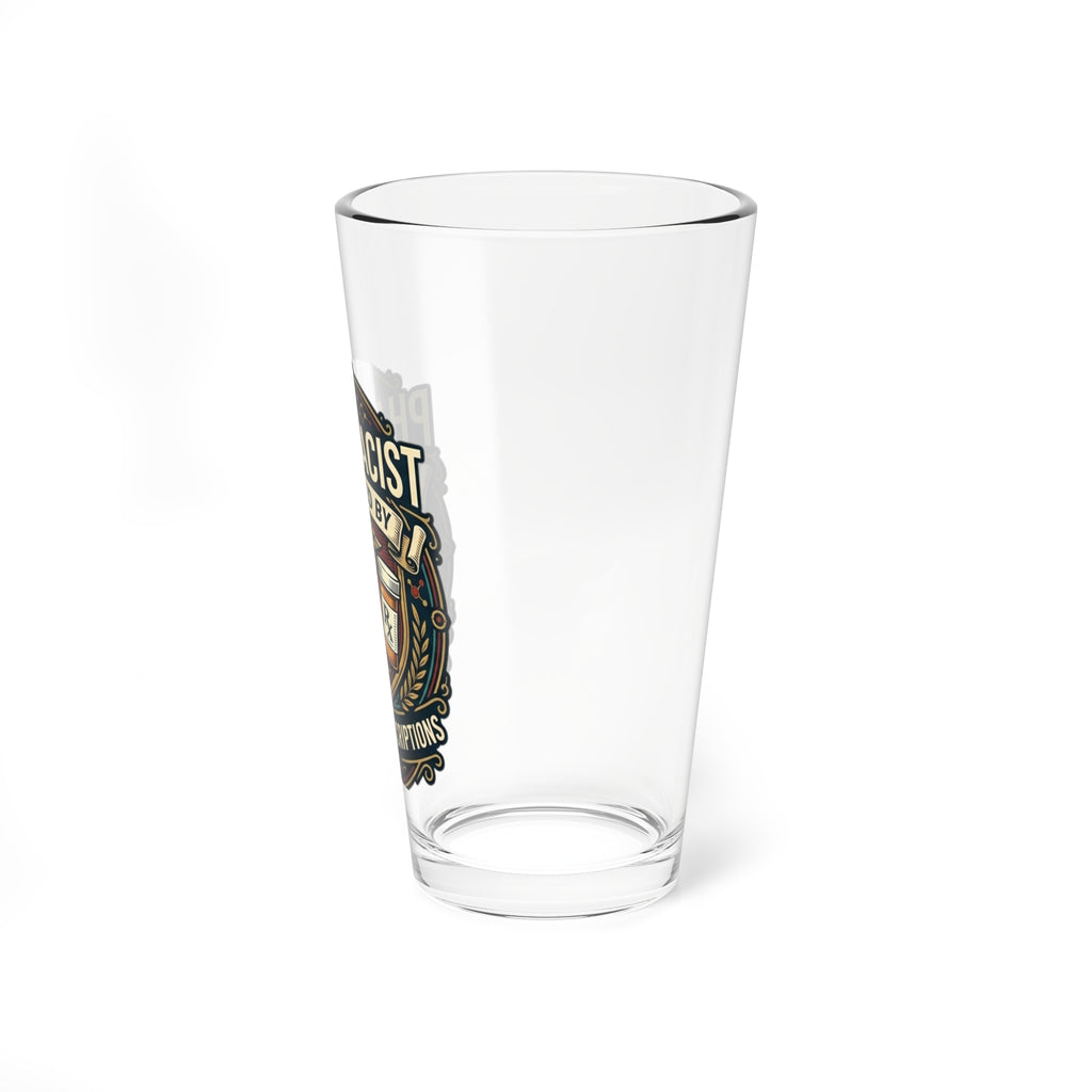Pharmacist 16oz Mixing Glass — "Powered by Coffee & Prescriptions"