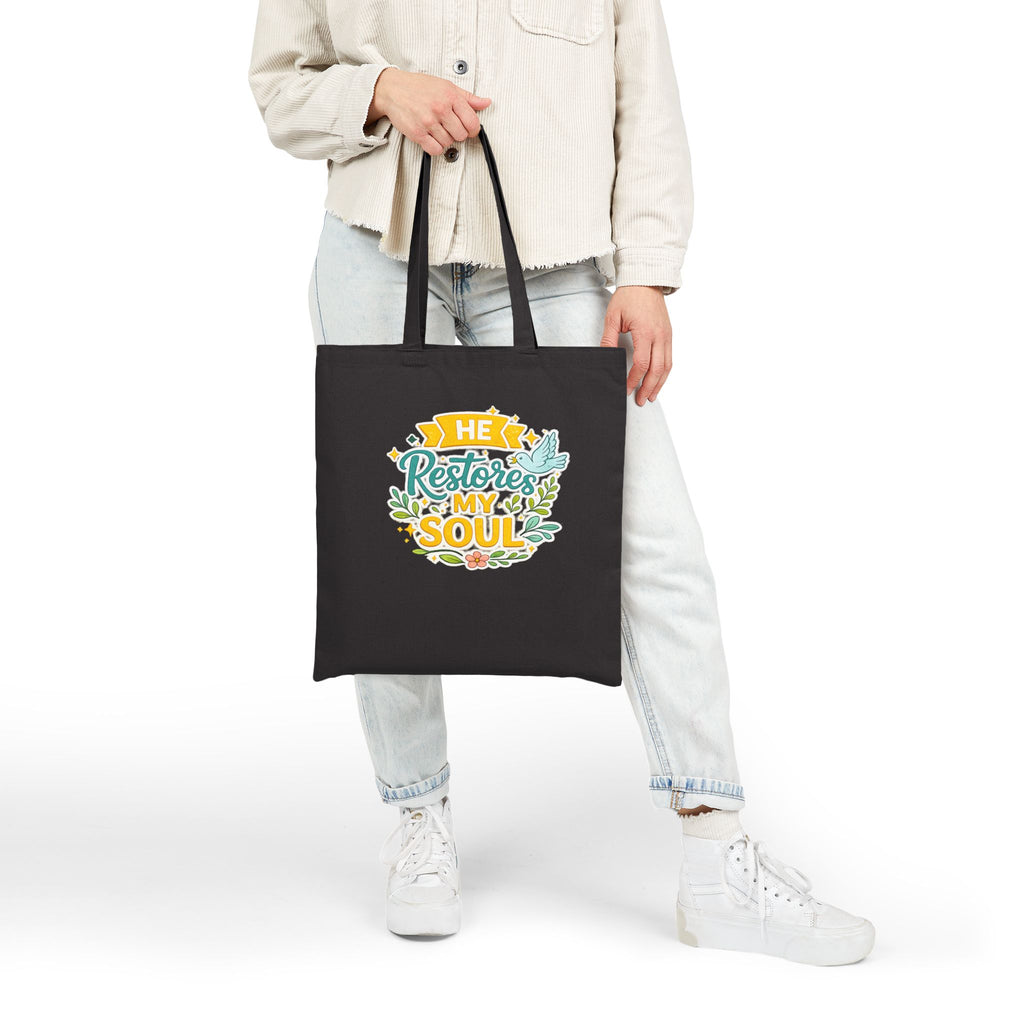 He Restores My Soul Canvas Tote Bag — Faith-Based Inspirational Grocery & Church Tote