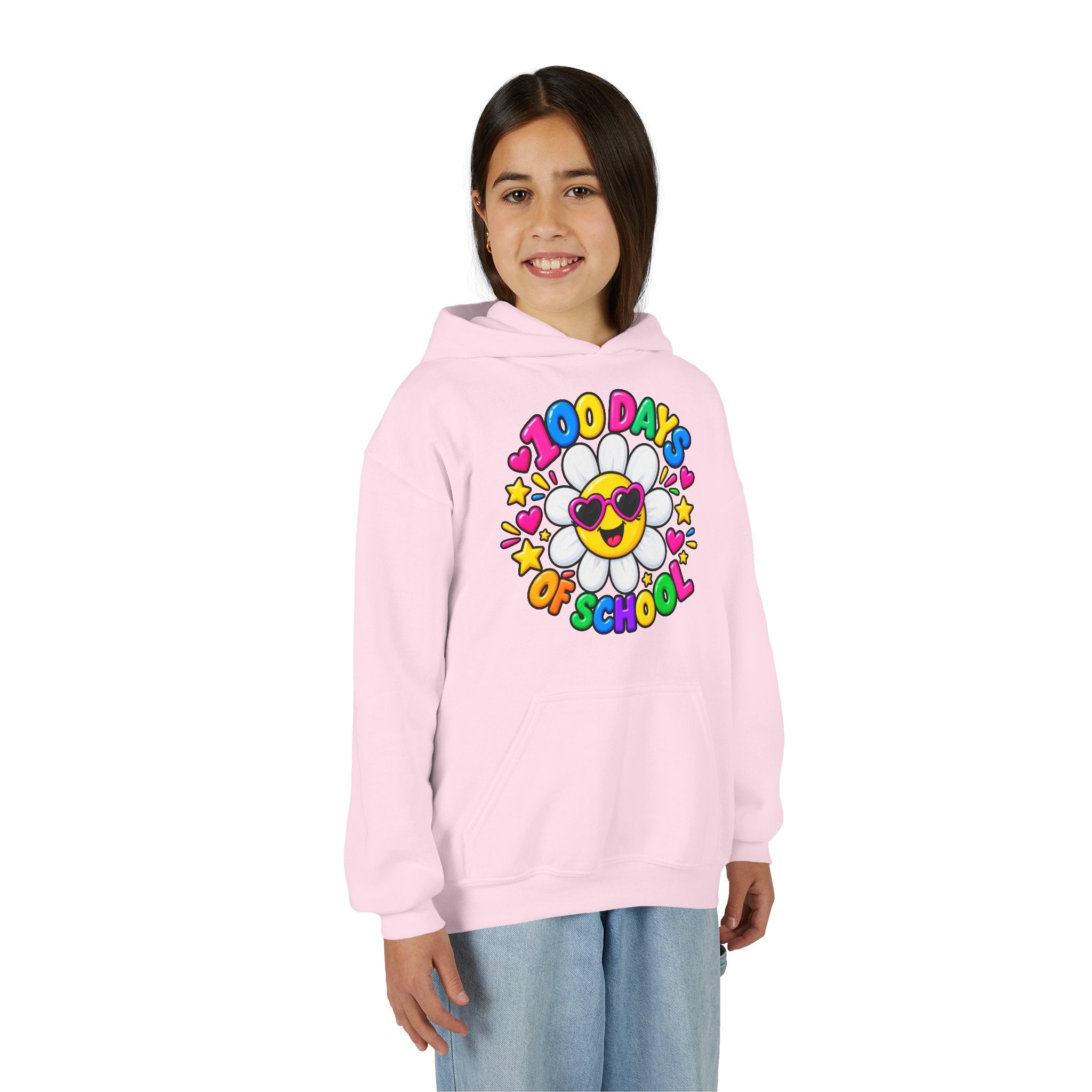 Youth Hoodie — “100 Days of School” Colorful Smiley Daisy Celebration